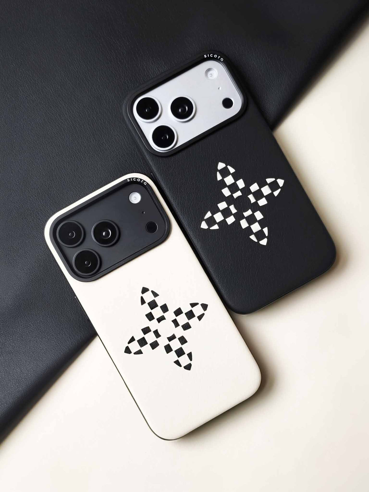 Two sicora iPhone 18 / 17 pro vegan leather cases, bloom case in black and white combo