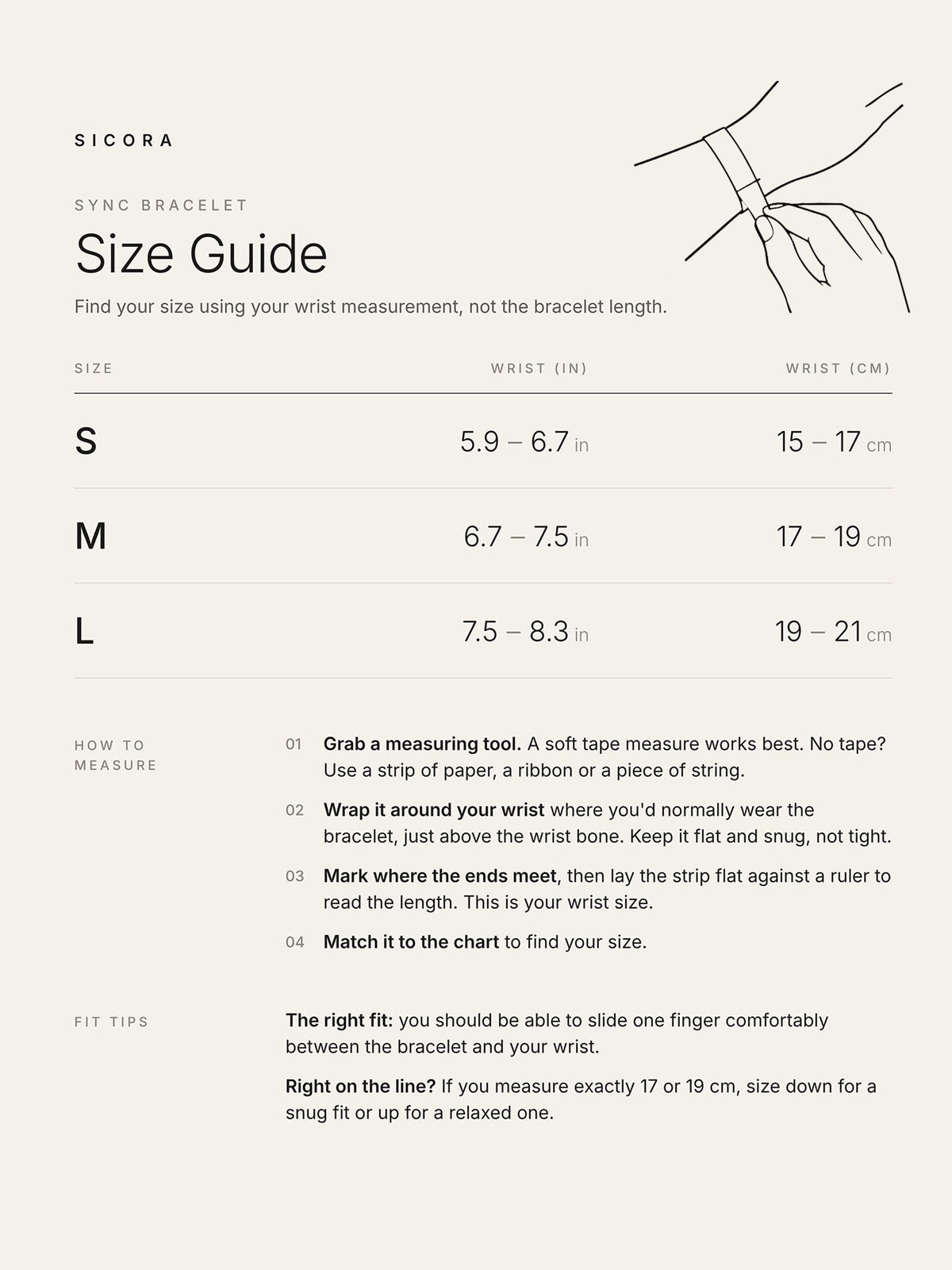 A size guide chart for the Sicaora Sync Bracelet, showing wrist measurements in inches and centimeters for sizes S, M, and L, along with a line drawing of how to measure the wrist and fit tips.