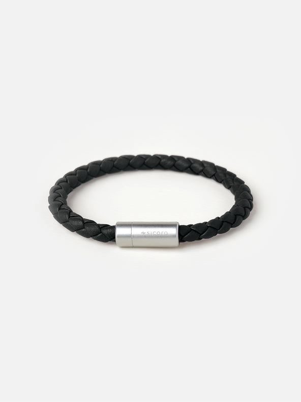 sicora black braided silio silicone vegan leather bracelet with a stainless steel metal magnetic clasp