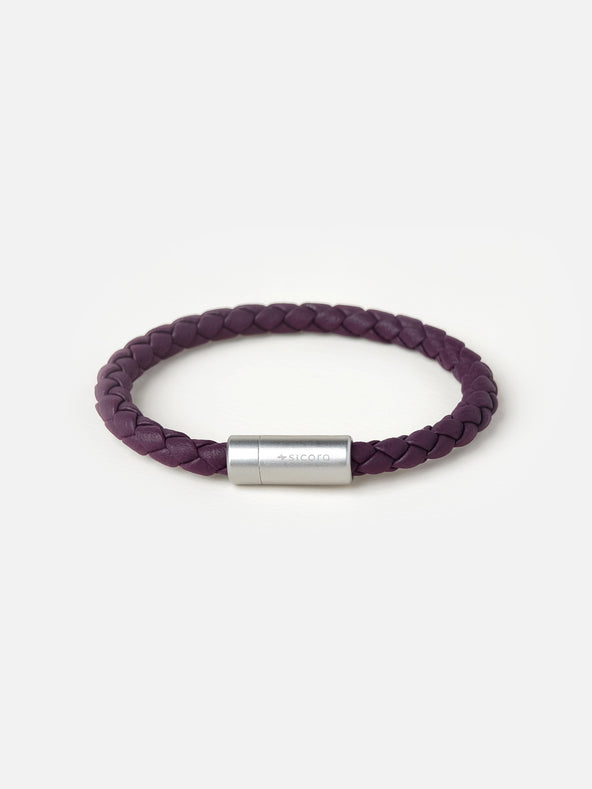 sicora dark cherry purple braided silio silicone vegan leather bracelet with a stainless steel metal magnetic clasp