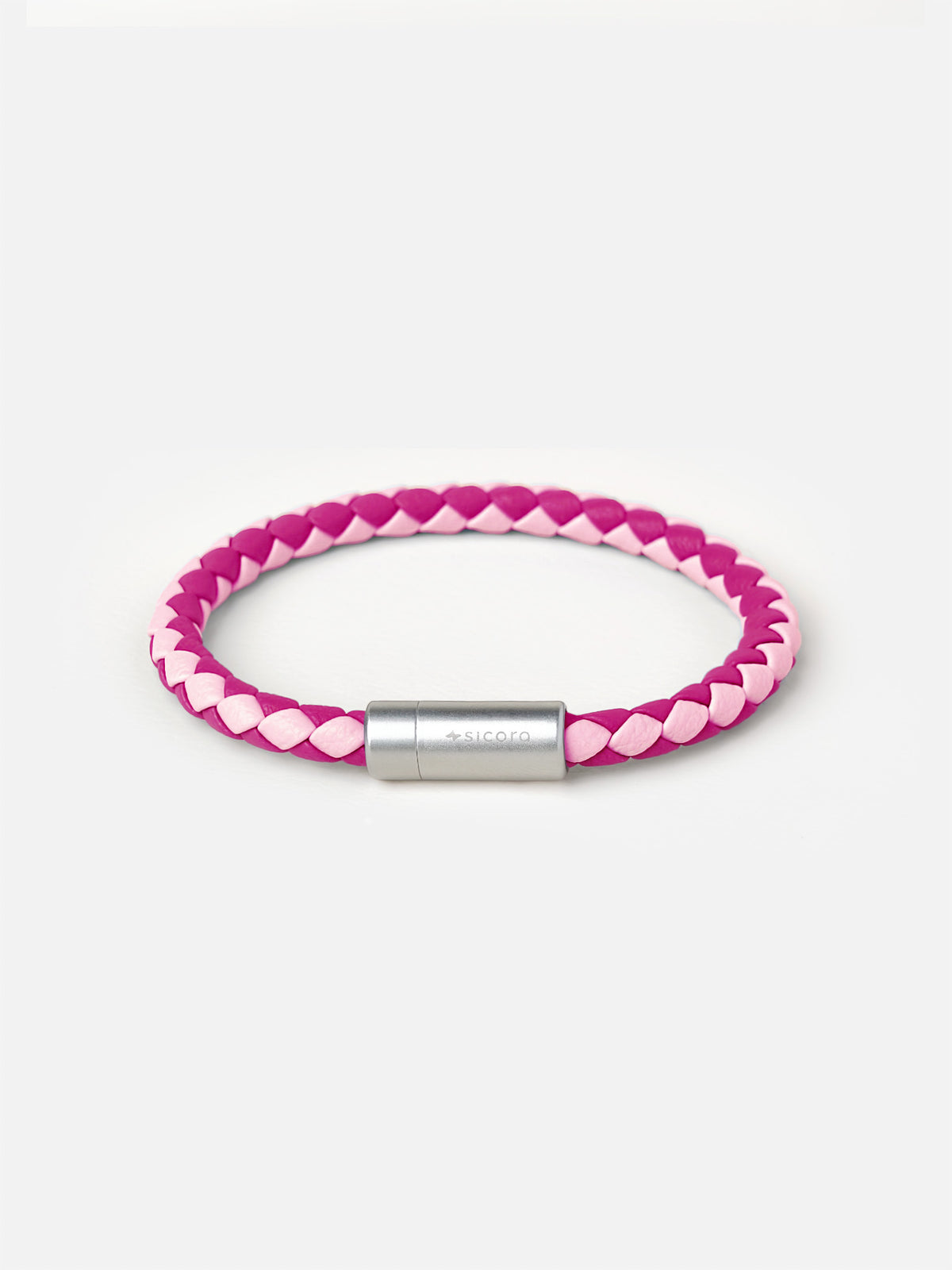 sicora pink and magenta duo-tone braided silio silicone vegan leather bracelet with a stainless steel metal magnetic clasp