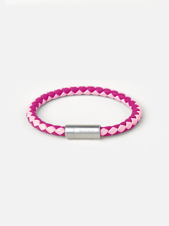 sicora pink and magenta duo-tone braided silio silicone vegan leather bracelet with a stainless steel metal magnetic clasp