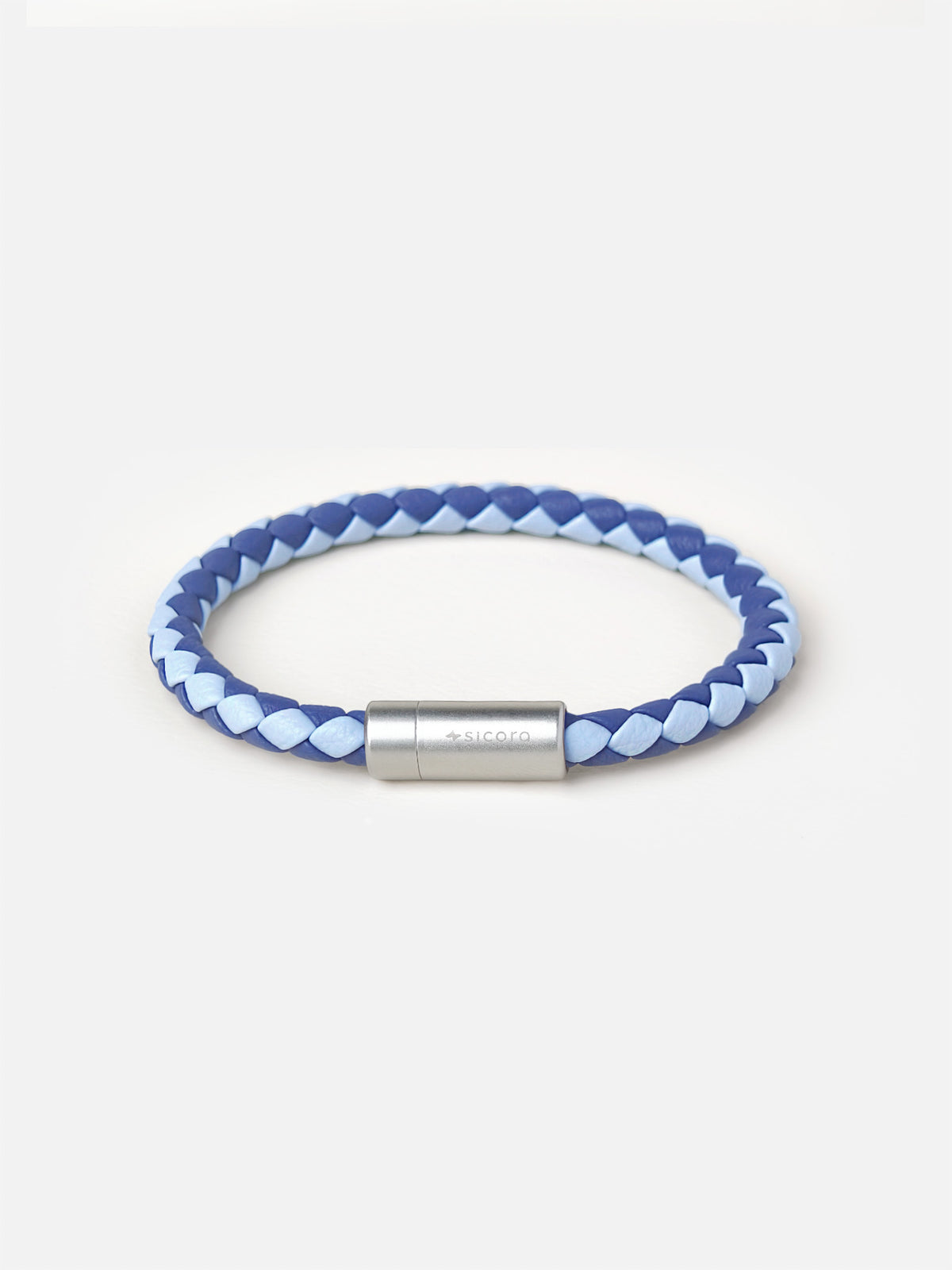 sicora sky blue and shadow blue duo-tone braided silio silicone vegan leather bracelet with a stainless steel metal magnetic clasp