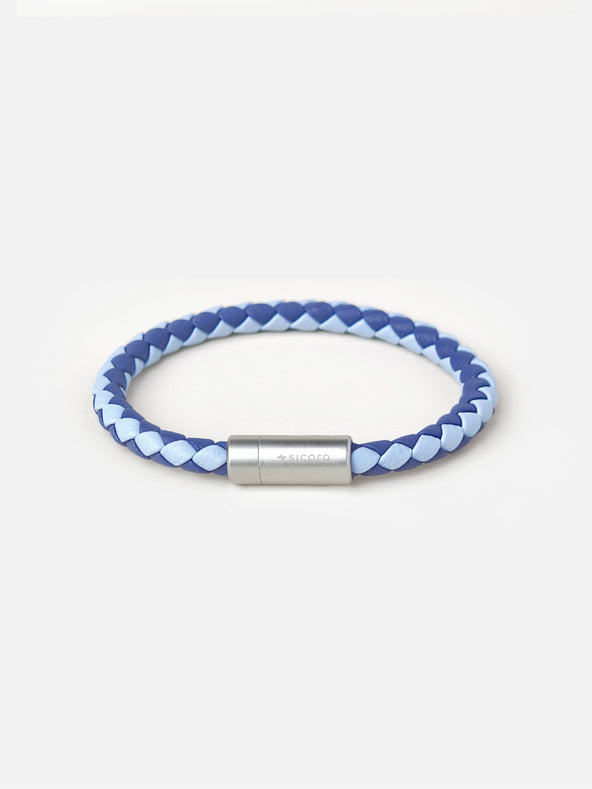 sicora sky blue and shadow blue duo-tone braided silio silicone vegan leather bracelet with a stainless steel metal magnetic clasp