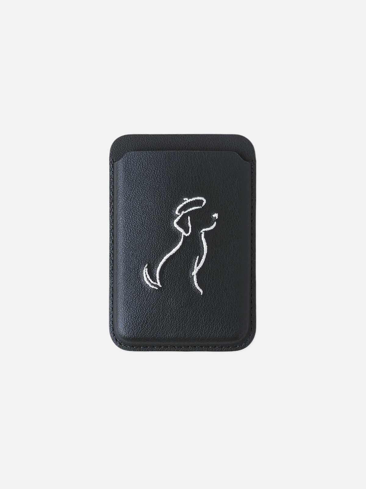 sicora vegan leather graphic magnetic card wallet in black with cream white embroidered dog line-drawing, front view