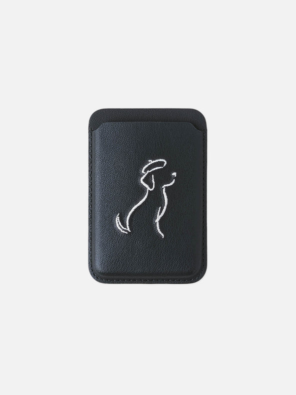sicora vegan leather graphic magnetic card wallet in black with cream white embroidered dog line-drawing, front view