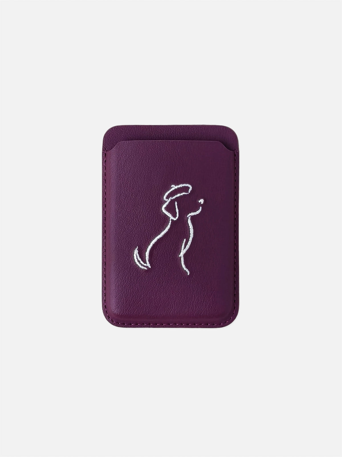 sicora vegan leather graphic magnetic card wallet in cherry purple with cream white embroidered dog line-drawing, front view
