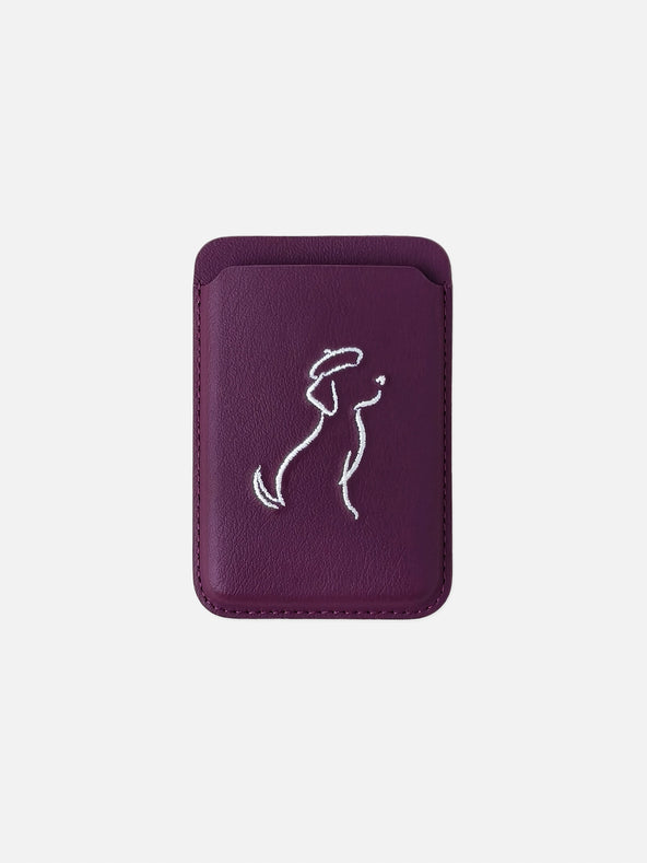 sicora vegan leather graphic magnetic card wallet in cherry purple with cream white embroidered dog line-drawing, front view