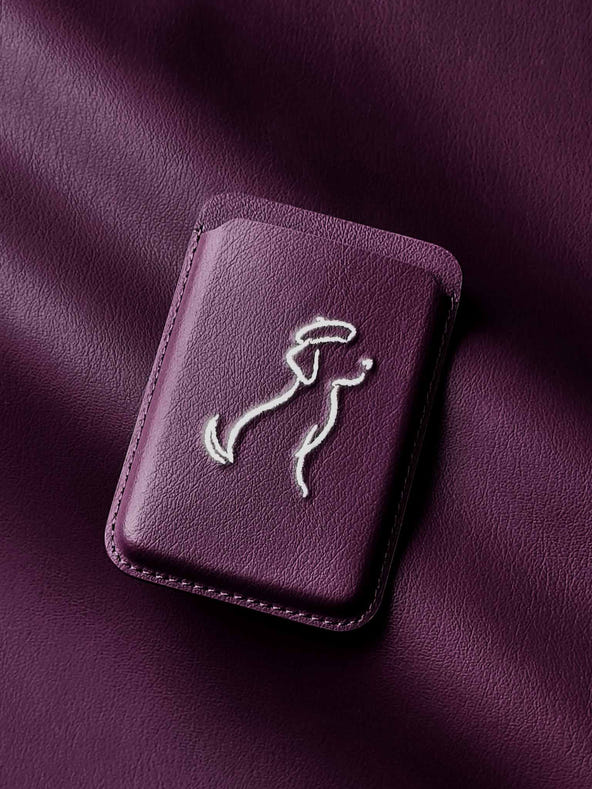sicora vegan leather graphic magnetic card wallet in cherry purple with cream white embroidered dog line-drawing