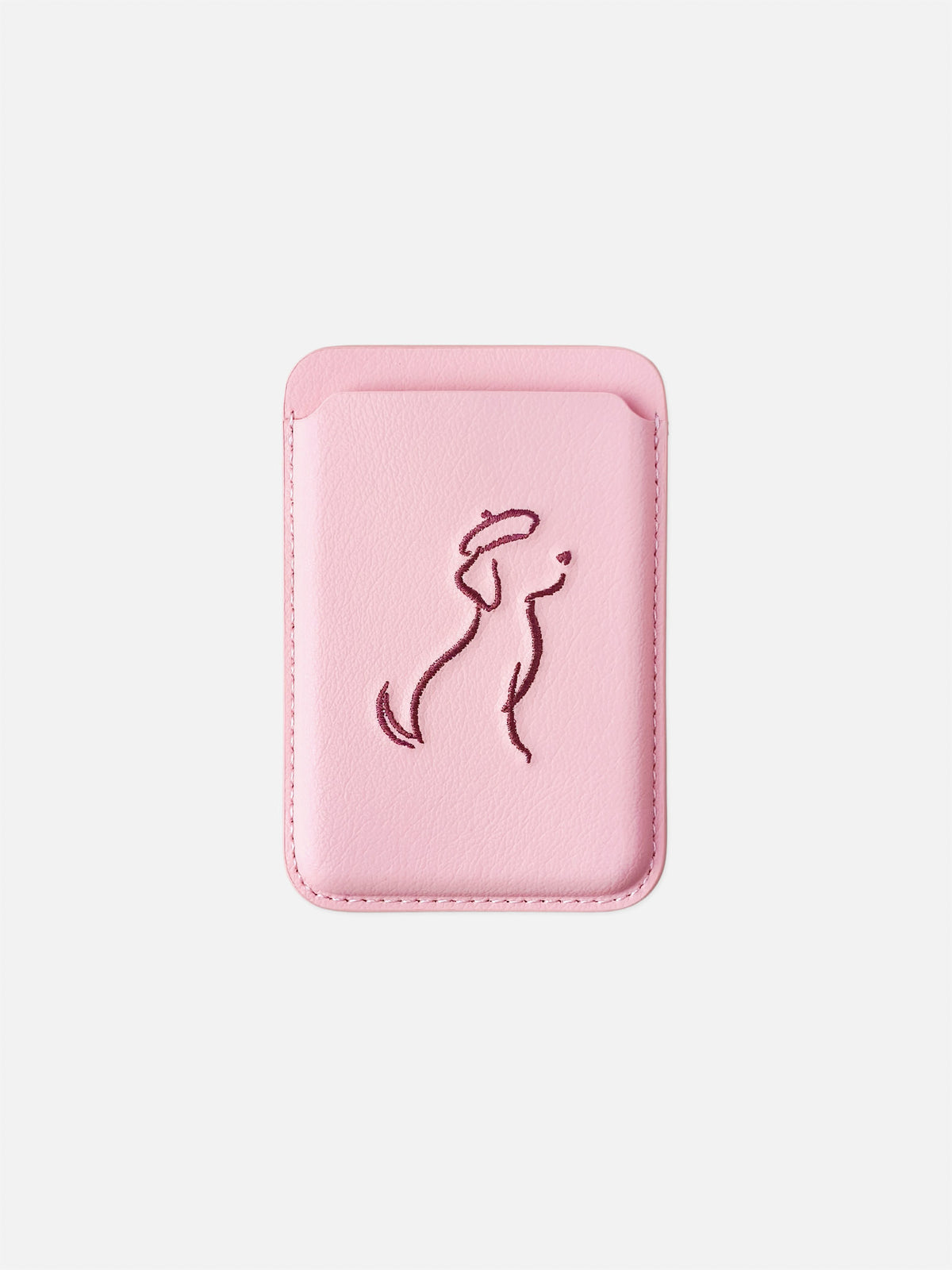 sicora vegan leather graphic magnetic card wallet in pink with dark burgundy embroidered dog line-drawing, front view