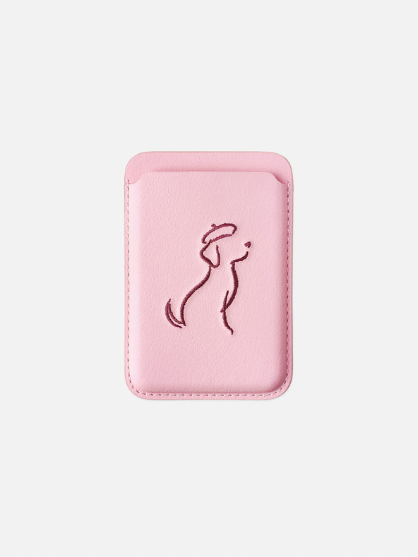 sicora vegan leather graphic magnetic card wallet in pink with dark burgundy embroidered dog line-drawing, front view