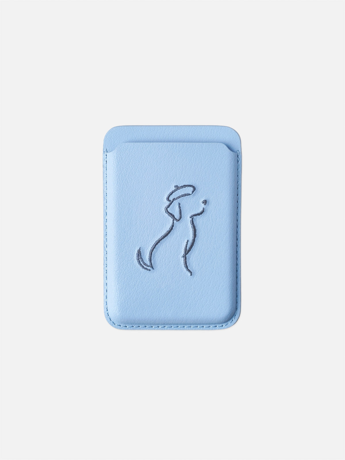 sicora vegan leather graphic magnetic card wallet in sky blue with grey blue embroidered dog line-drawing, front view