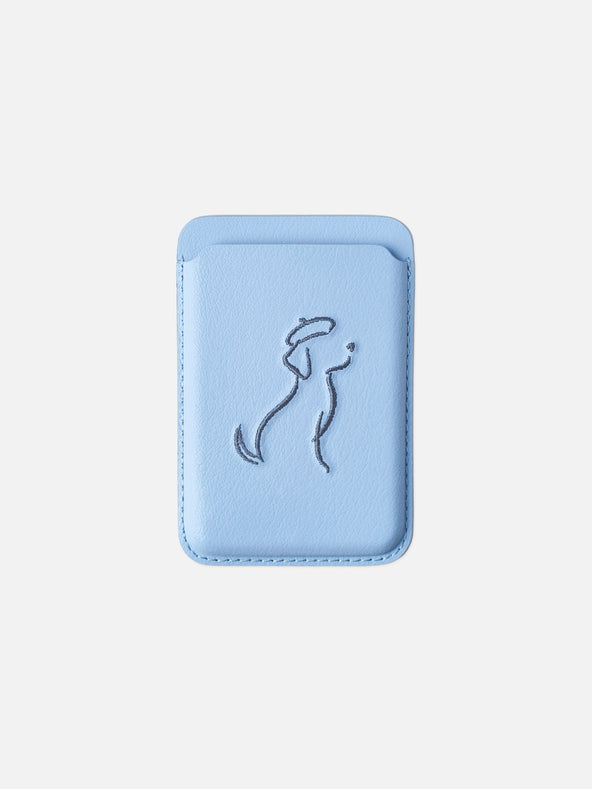 sicora vegan leather graphic magnetic card wallet in sky blue with grey blue embroidered dog line-drawing, front view