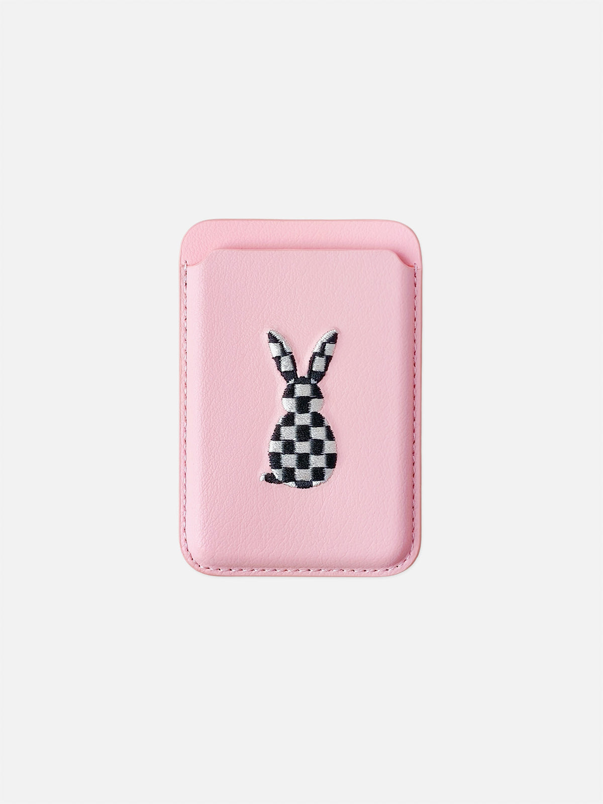 sicora vegan leather graphic magnetic card wallet in pink with black and white embroidered rabbit artwork, front view