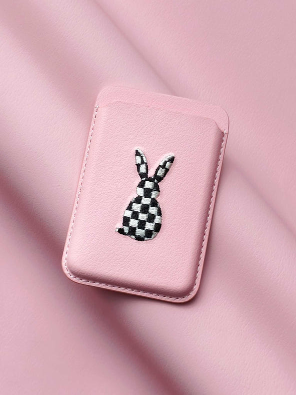 sicora vegan leather graphic magnetic card wallet in pink with black and white embroidered rabbit artwork