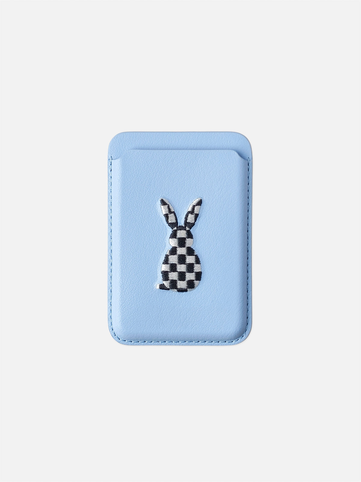 sicora vegan leather graphic magnetic card wallet in light blue with black and white embroidered rabbit artwork, front view