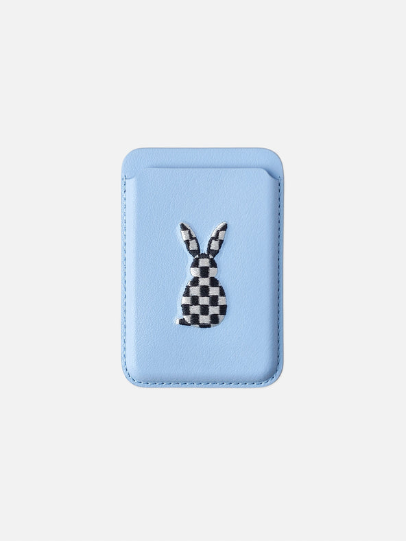 sicora vegan leather graphic magnetic card wallet in light blue with black and white embroidered rabbit artwork, front view