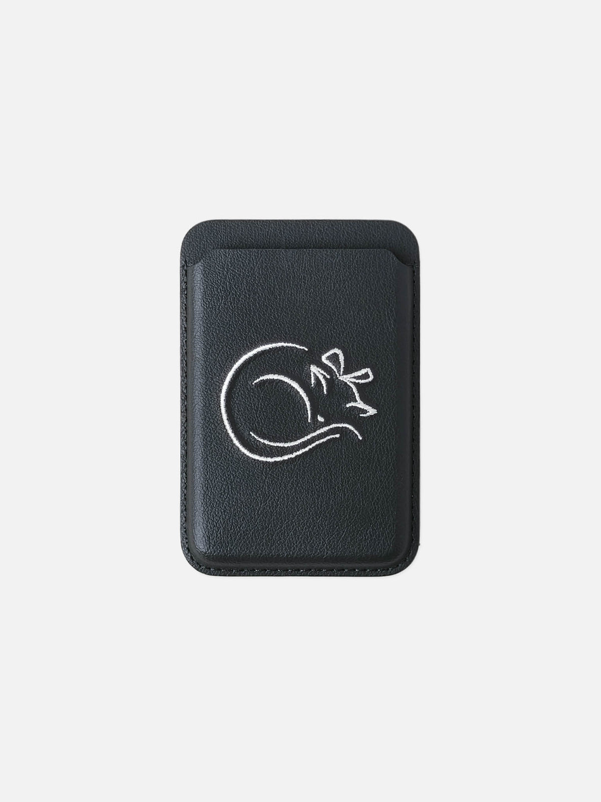 sicora vegan leather graphic magnetic card wallet in black with cream white embroidered cat line-drawing, front view