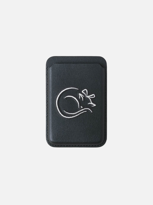 sicora vegan leather graphic magnetic card wallet in black with cream white embroidered cat line-drawing, front view