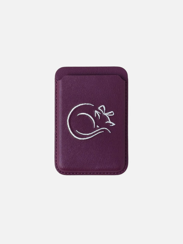 sicora vegan leather graphic magnetic card wallet in cherry purple with cream white embroidered cat line-drawing, front view