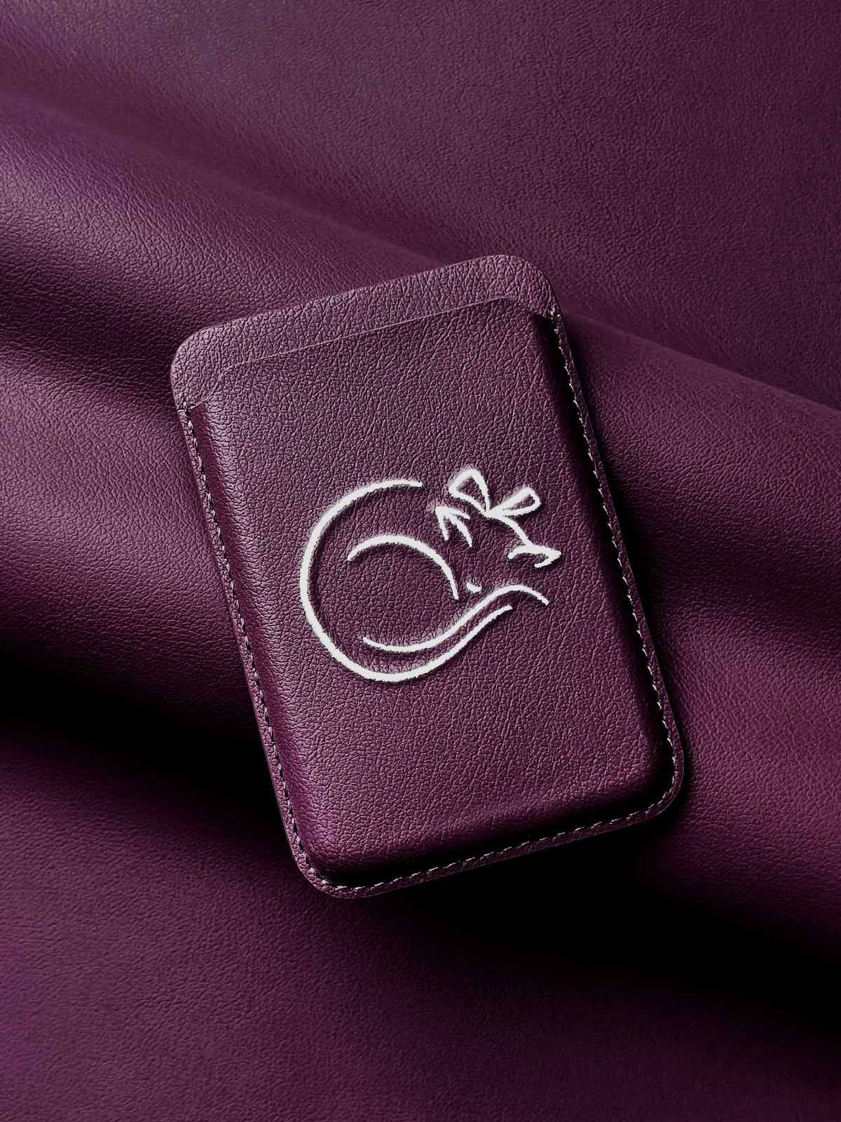 sicora vegan leather graphic magnetic card wallet in cherry purple with cream white embroidered cat line-drawing