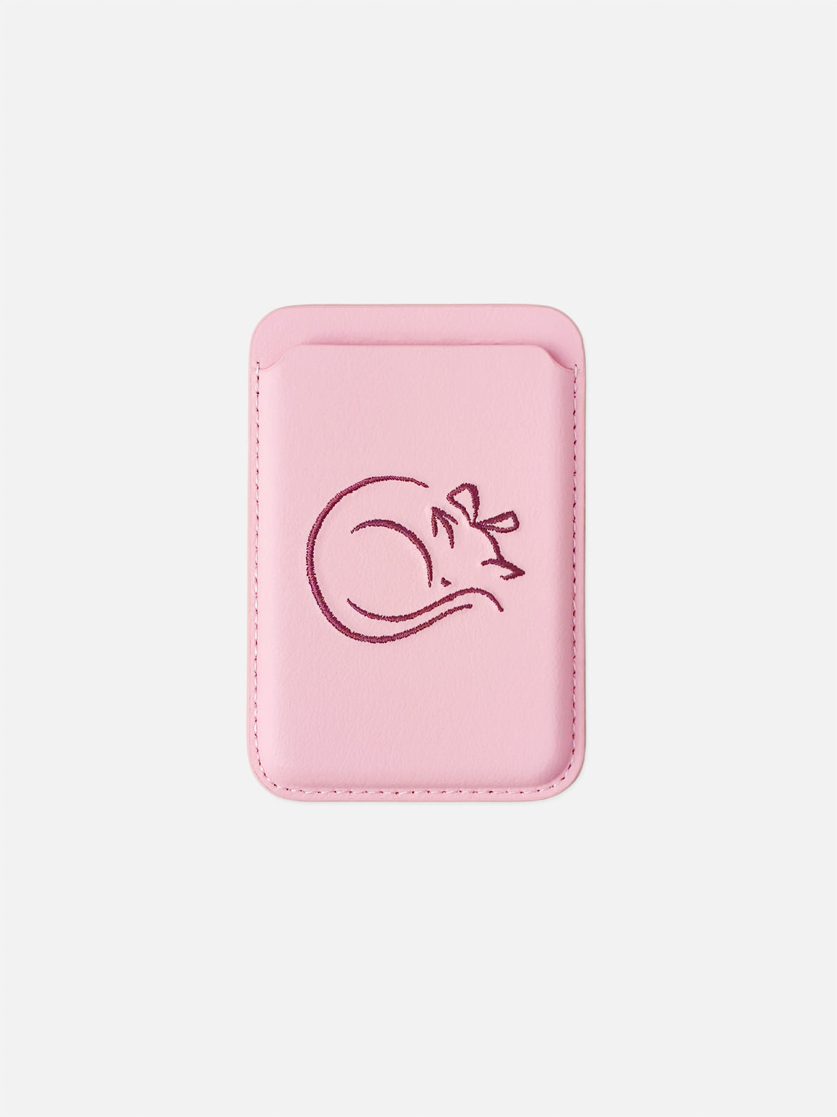 sicora vegan leather graphic magnetic card wallet in pink with dark burgundy embroidered cat line-drawing, front view