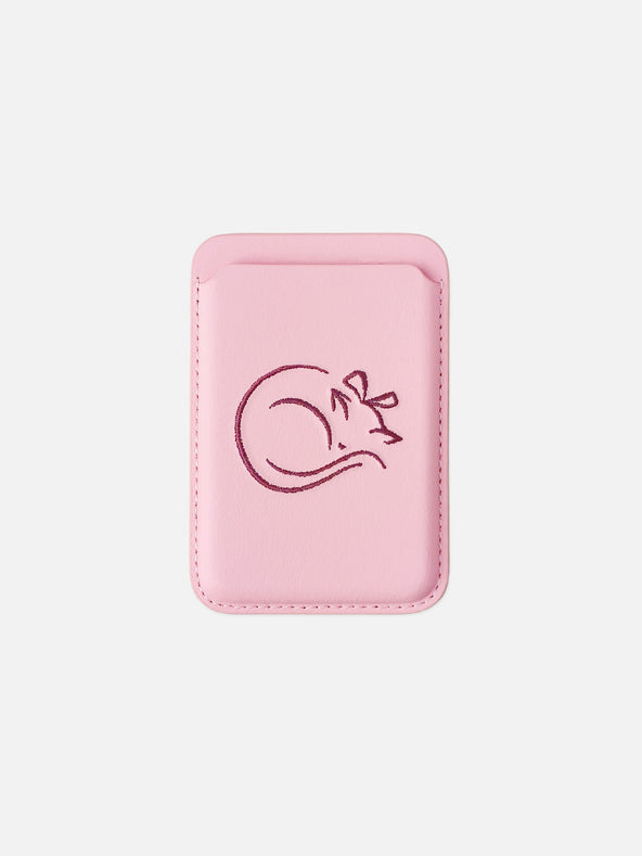 sicora vegan leather graphic magnetic card wallet in pink with dark burgundy embroidered cat line-drawing, front view