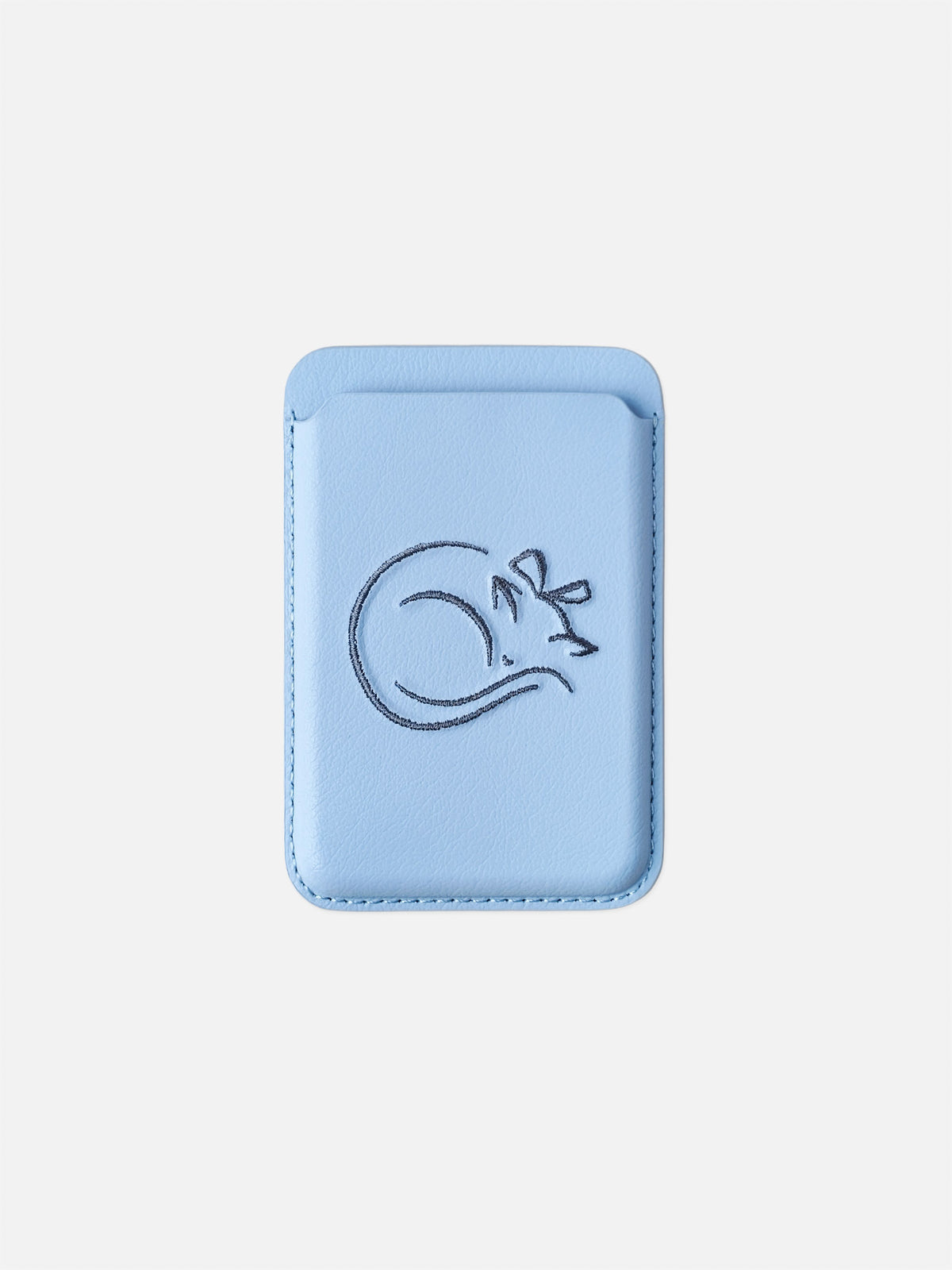 sicora vegan leather graphic magnetic card wallet in sky blue with grey blue embroidered cat line-drawing, front view