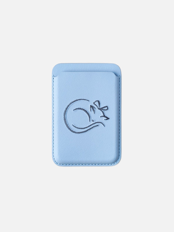 sicora vegan leather graphic magnetic card wallet in sky blue with grey blue embroidered cat line-drawing, front view