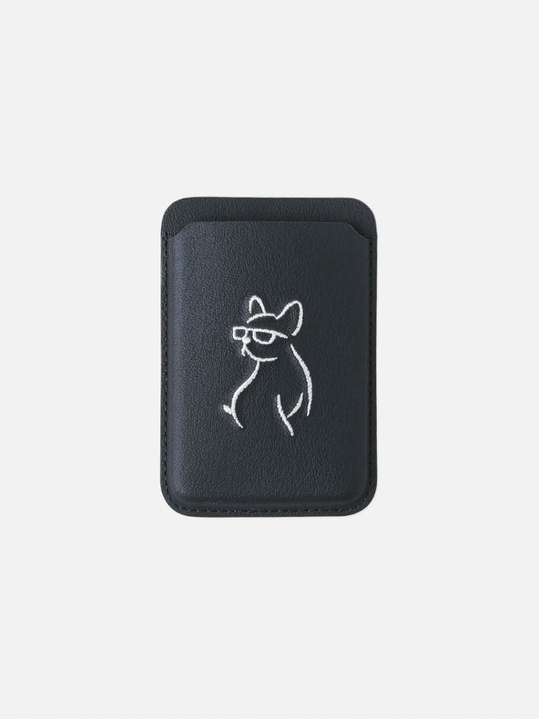 sicora vegan leather graphic magnetic card wallet in black with cream white embroidered dog line-drawing, front view