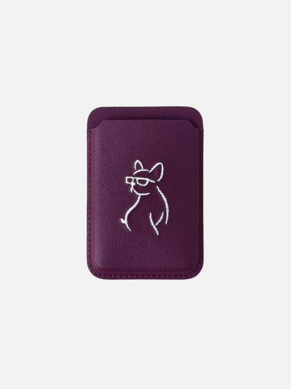 sicora vegan leather graphic magnetic card wallet in cherry purple with cream white embroidered dog line-drawing, front view