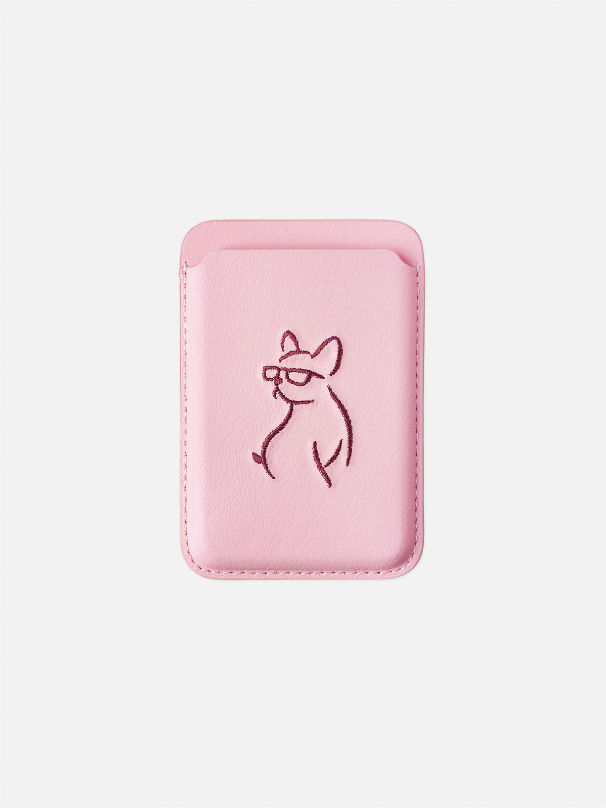 sicora vegan leather graphic magnetic card wallet in pink with dark burgundy embroidered dog line-drawing, front view