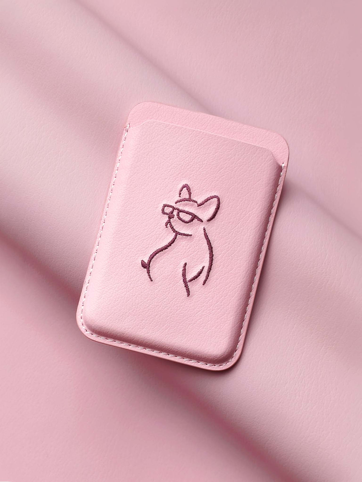 sicora vegan leather graphic magnetic card wallet in pink with dark burgundy embroidered dog line-drawing