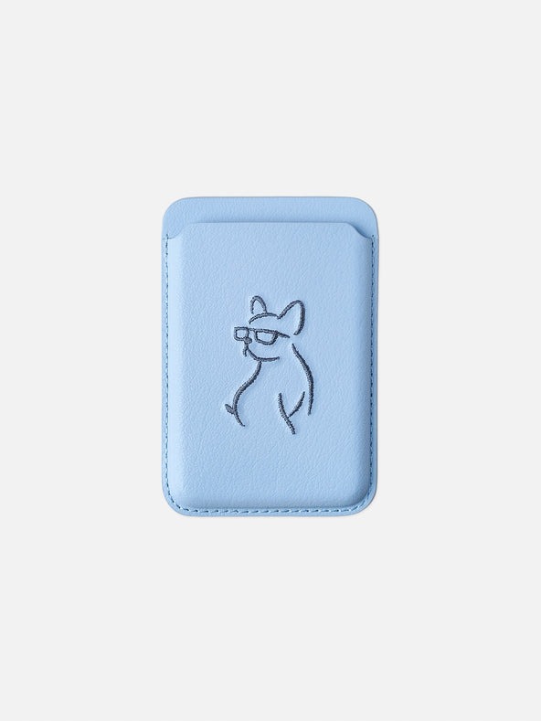 sicora vegan leather graphic magnetic card wallet in sky blue with grey blue embroidered dog line-drawing, front view