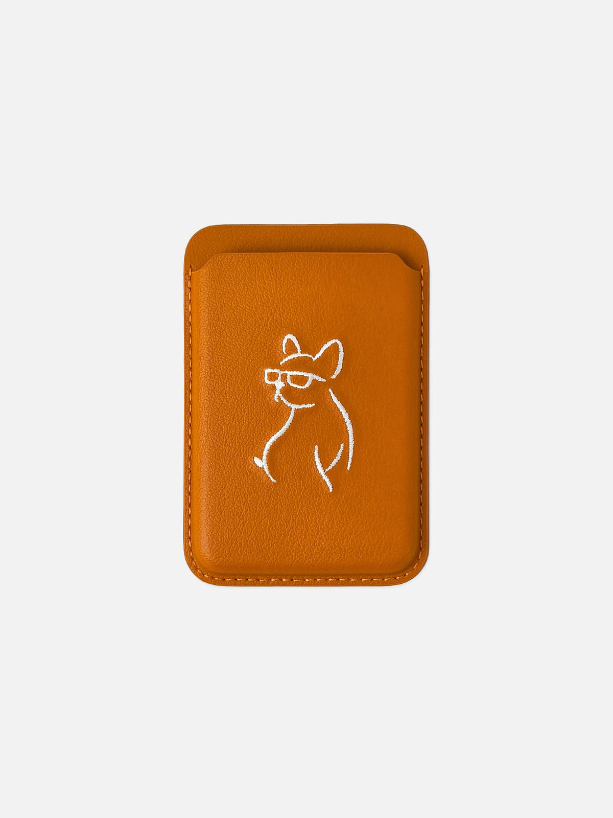 sicora vegan leather graphic magnetic card wallet in toffee gold brown with cream white embroidered dog line-drawing, front view