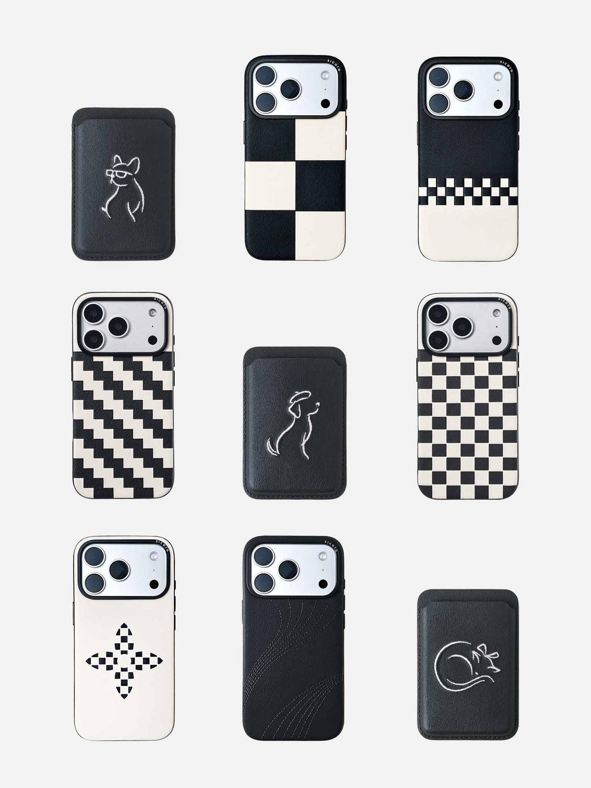 A collection sicora vegan leather iPhone 18 / 17 pro cases and graphic magnetic card wallets with minimalist embroidery of pet illustrations, black colorway