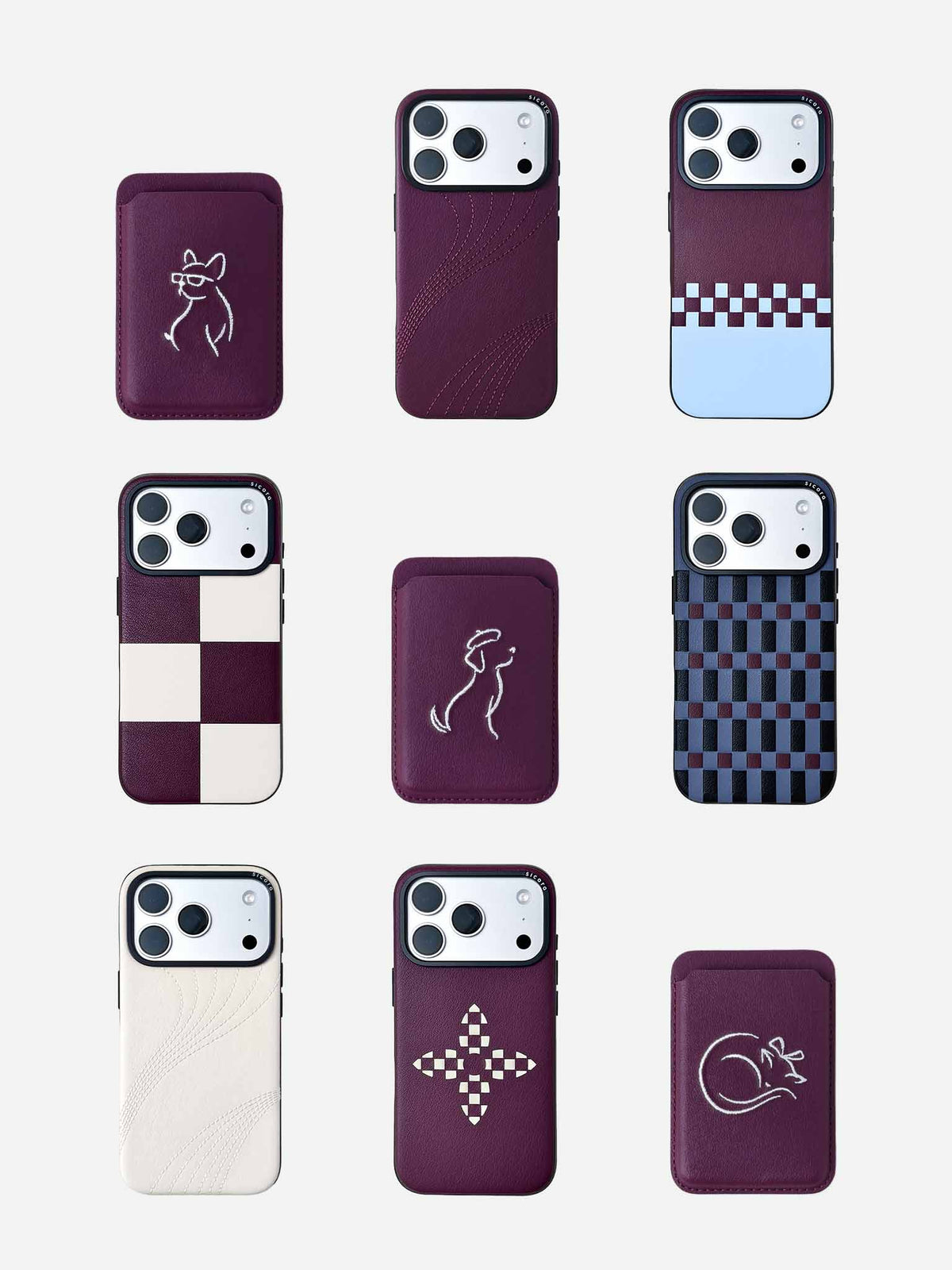 A collection sicora vegan leather iPhone 18 / 17 pro cases and graphic magnetic card wallets with minimalist embroidery of pet illustrations, cherry purple colorway
