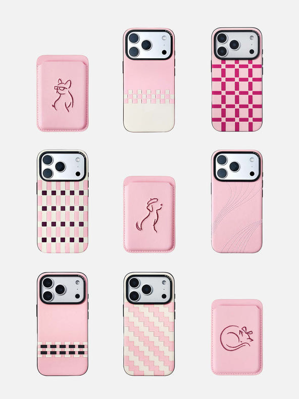 A collection sicora vegan leather iPhone 18 / 17 pro cases and graphic magnetic card wallets with minimalist embroidery of pet illustrations, pink colorway