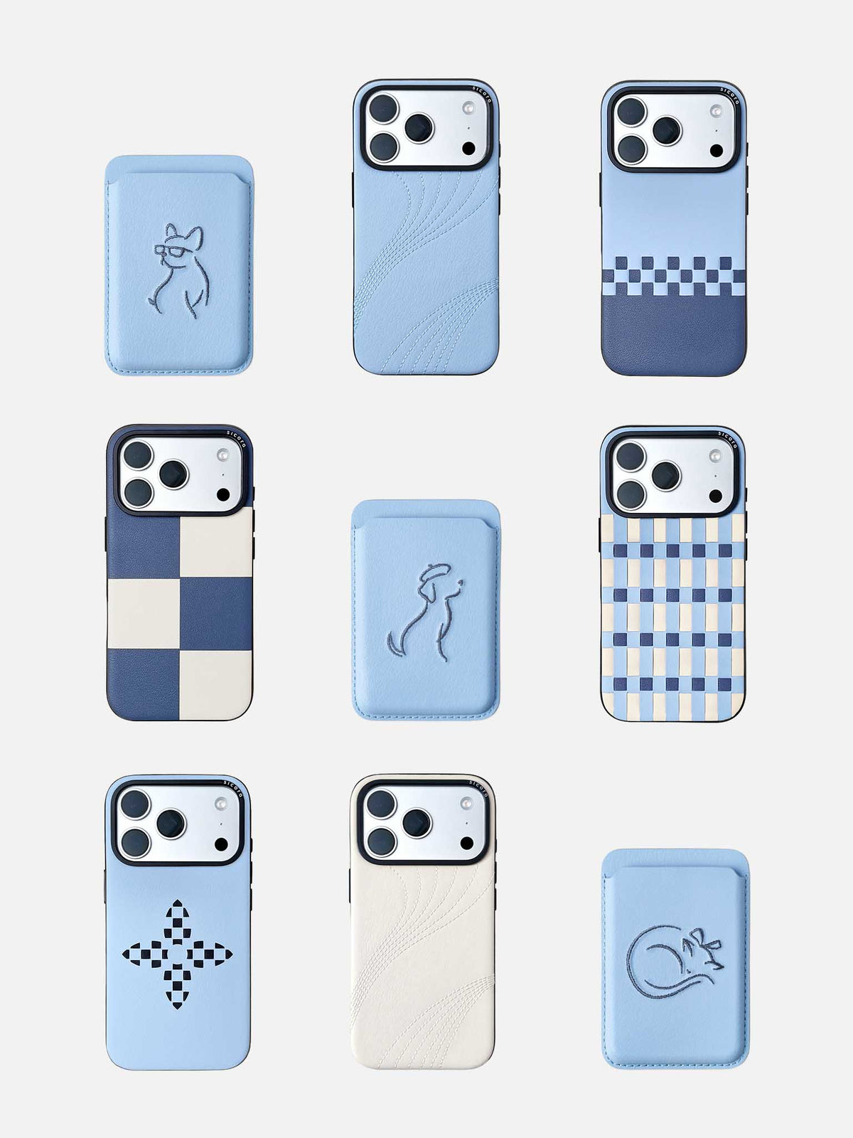 A collection sicora vegan leather iPhone 18 / 17 pro cases and graphic magnetic card wallets with minimalist embroidery of pet illustrations, sky blue colorway