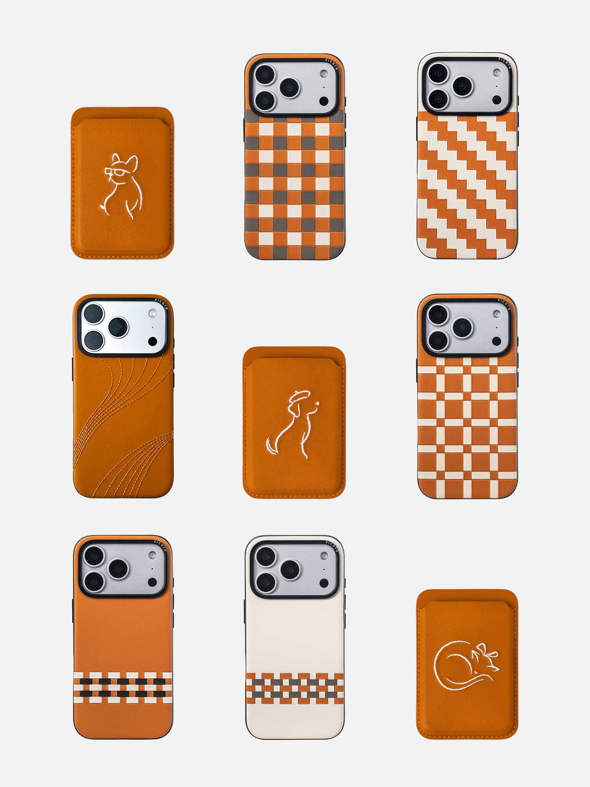 A collection sicora vegan leather iPhone 18 / 17 pro cases and graphic magnetic card wallets with minimalist embroidery of pet illustrations, toffee gold brown colorway