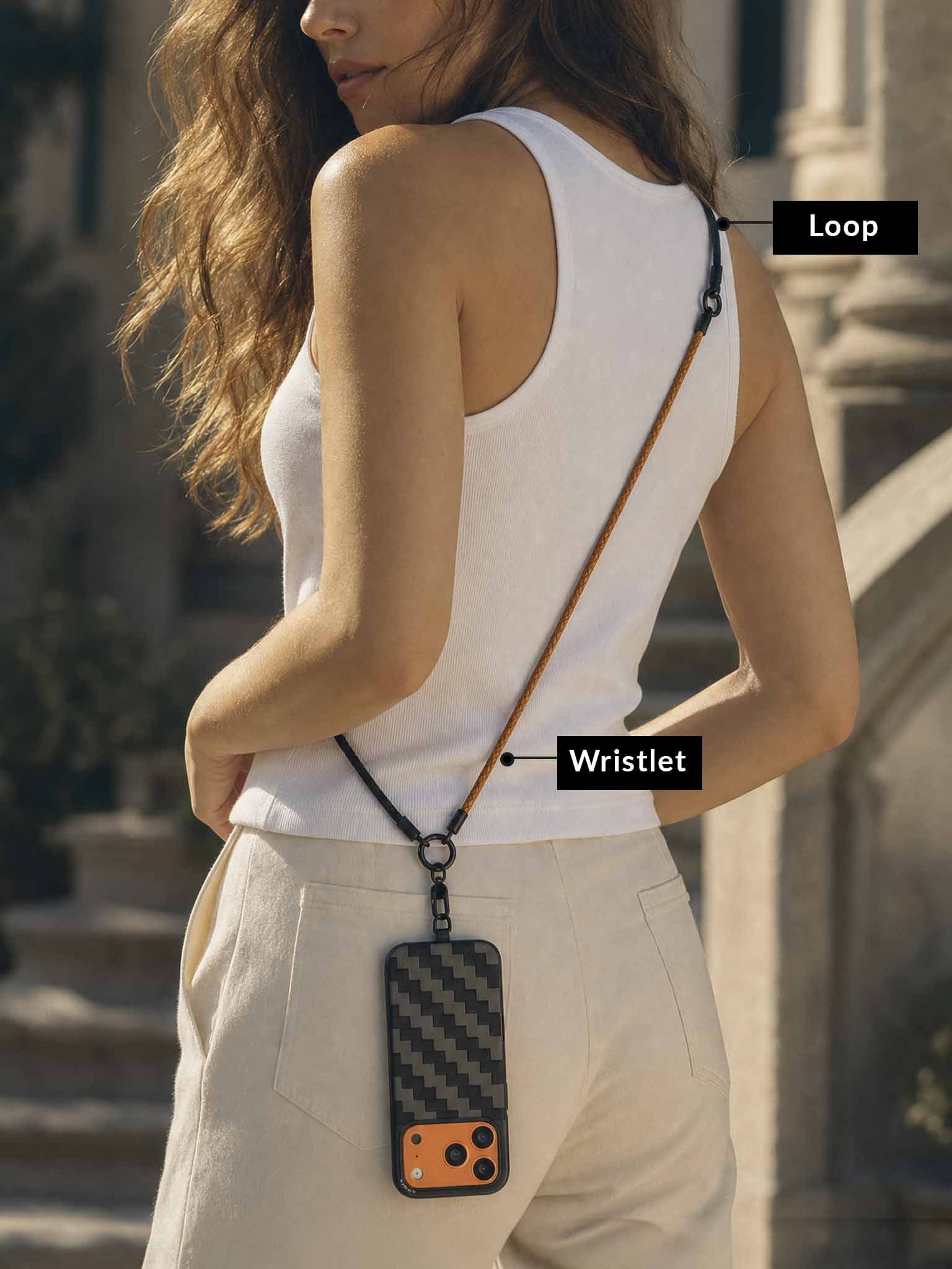 Sicora crossbody lanyard formed with orange wristlet and black loop