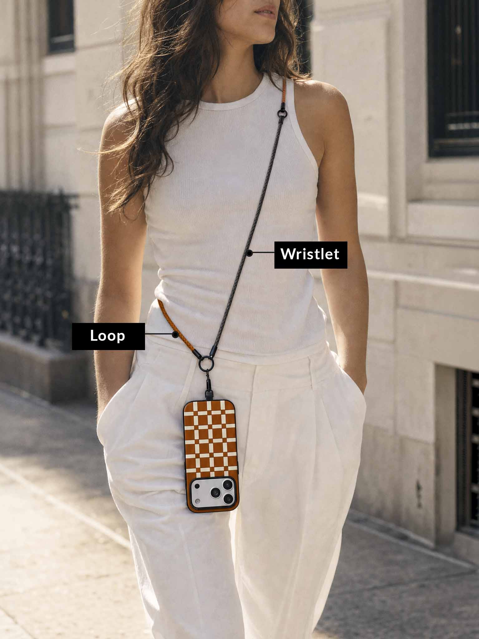 Sicora crossbody lanyard formed with gray wristlet and orange loop