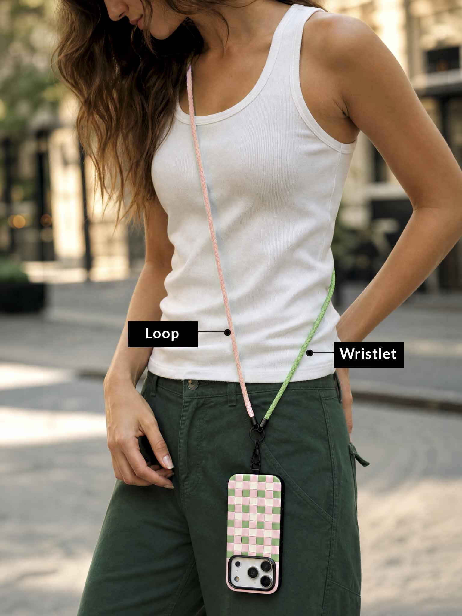 Sicora crossbody lanyard formed with green wristlet and pink loop