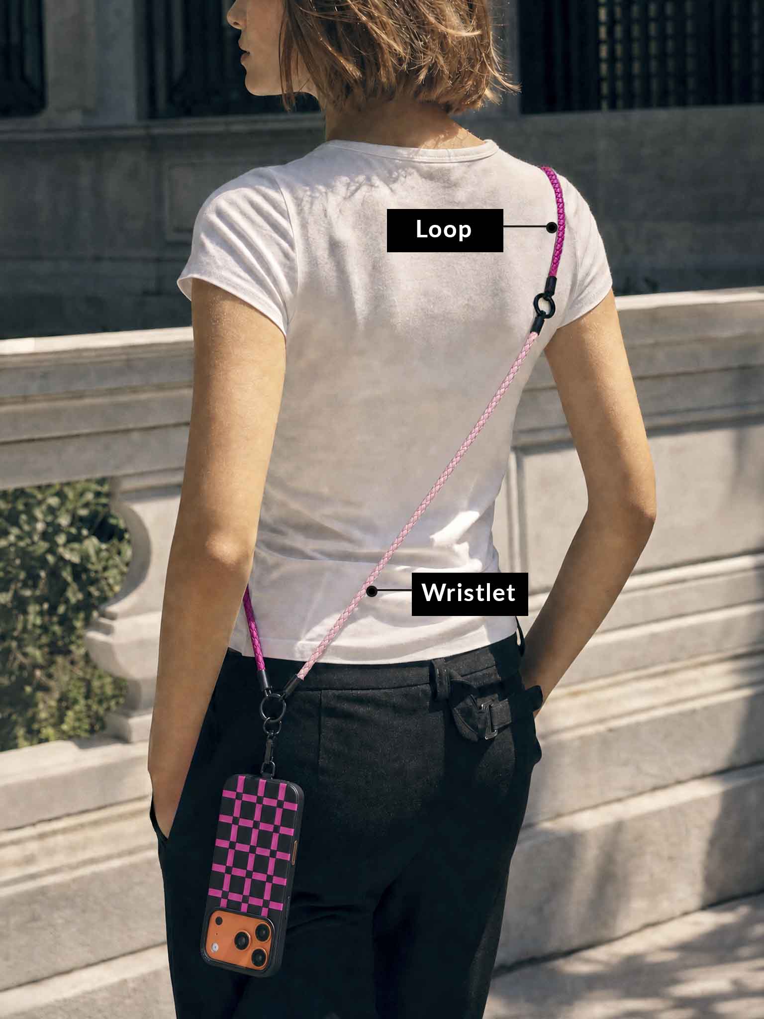 Sicora crossbody lanyard formed with pink wristlet and magenta loop