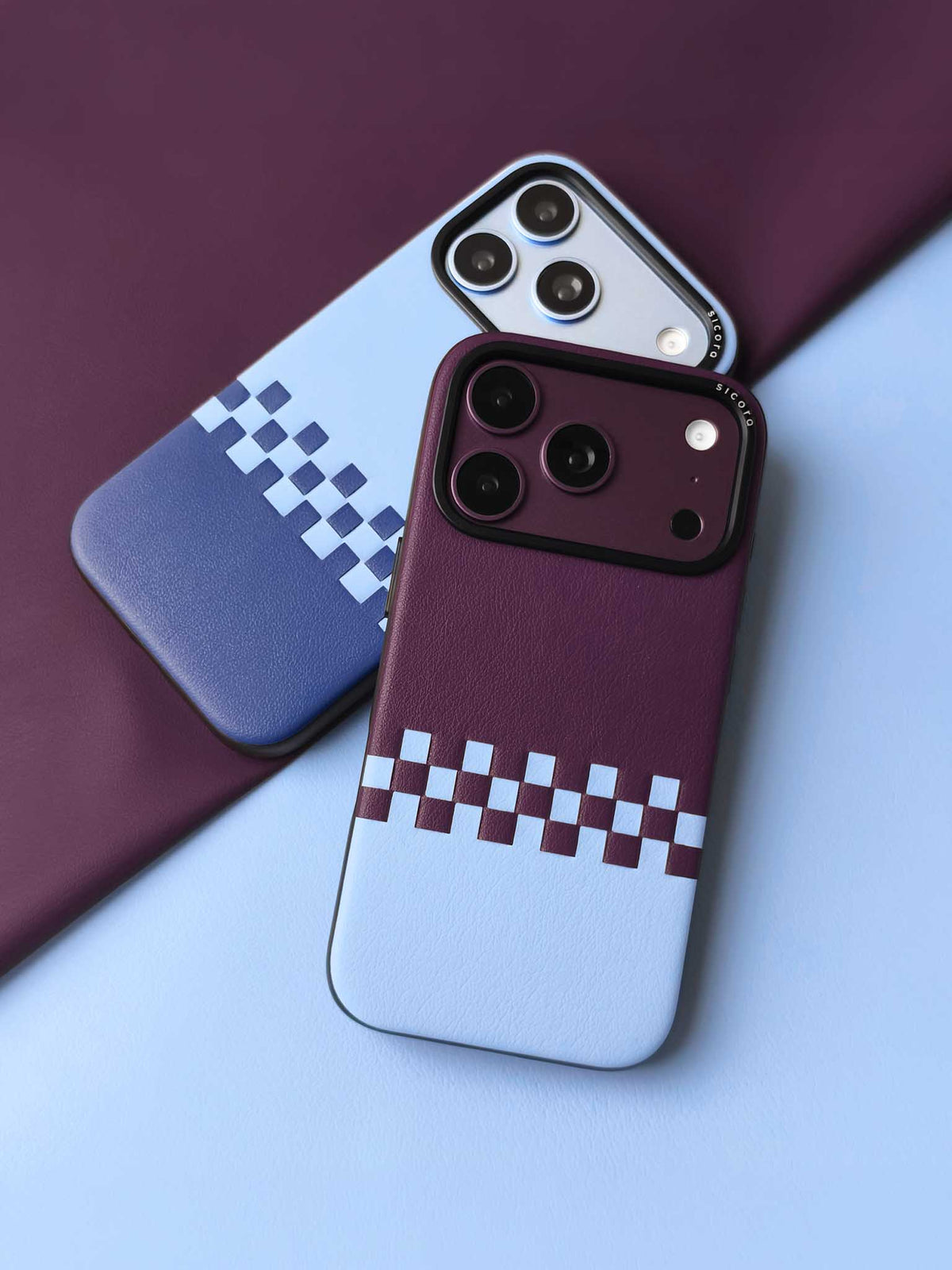 Two sicora iPhone 18 / 17 pro vegan leather cases, crossover case in cherry purple and blue combo