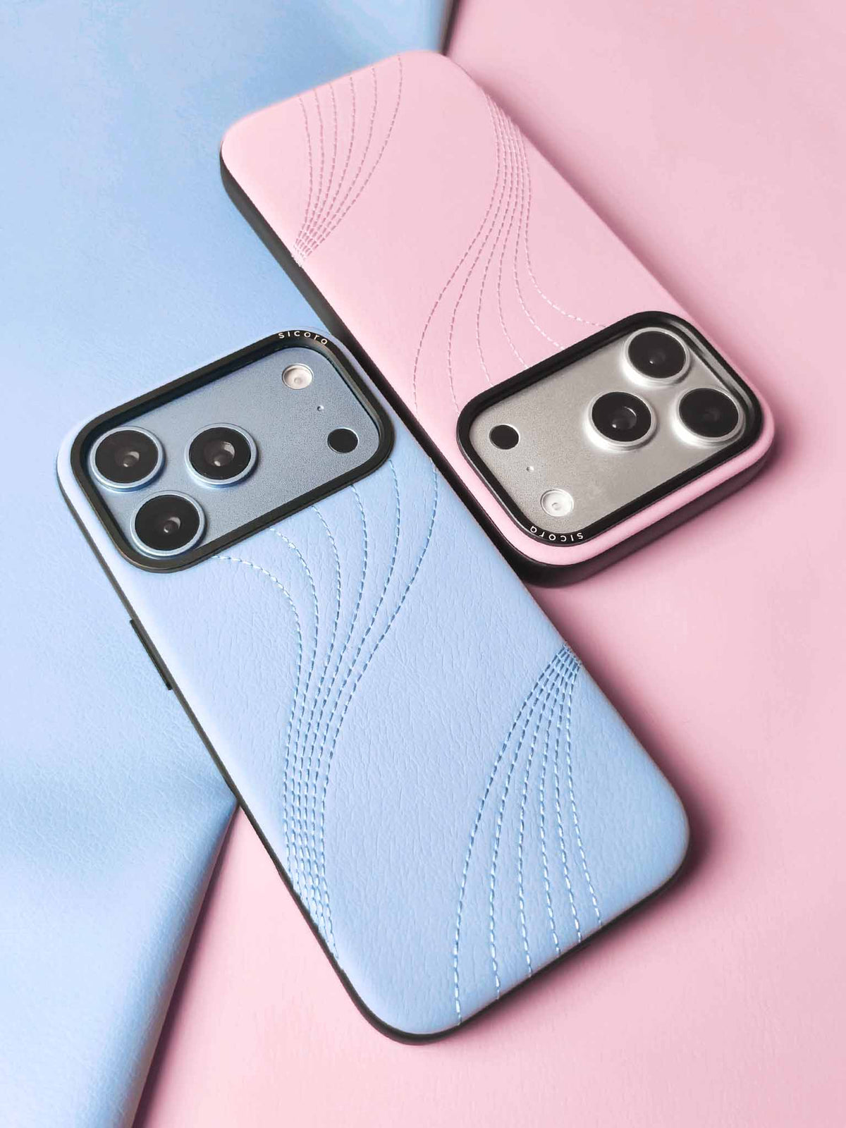 Two sicora iPhone 18 / 17 pro vegan leather cases, flow case in sky blue and in pink color ways