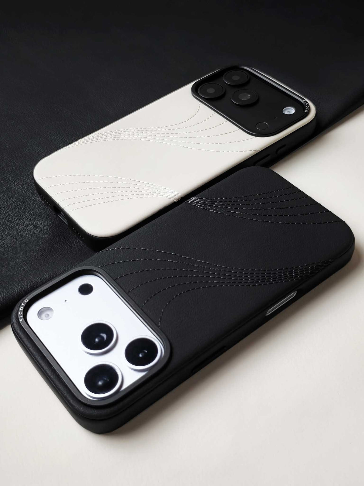 Two sicora iPhone 18 / 17 pro vegan leather cases, flow case in black and white color way