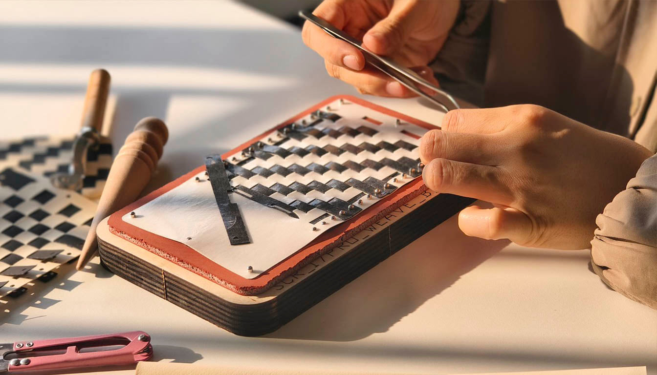 Person working on woven leather patterns with tools on a table