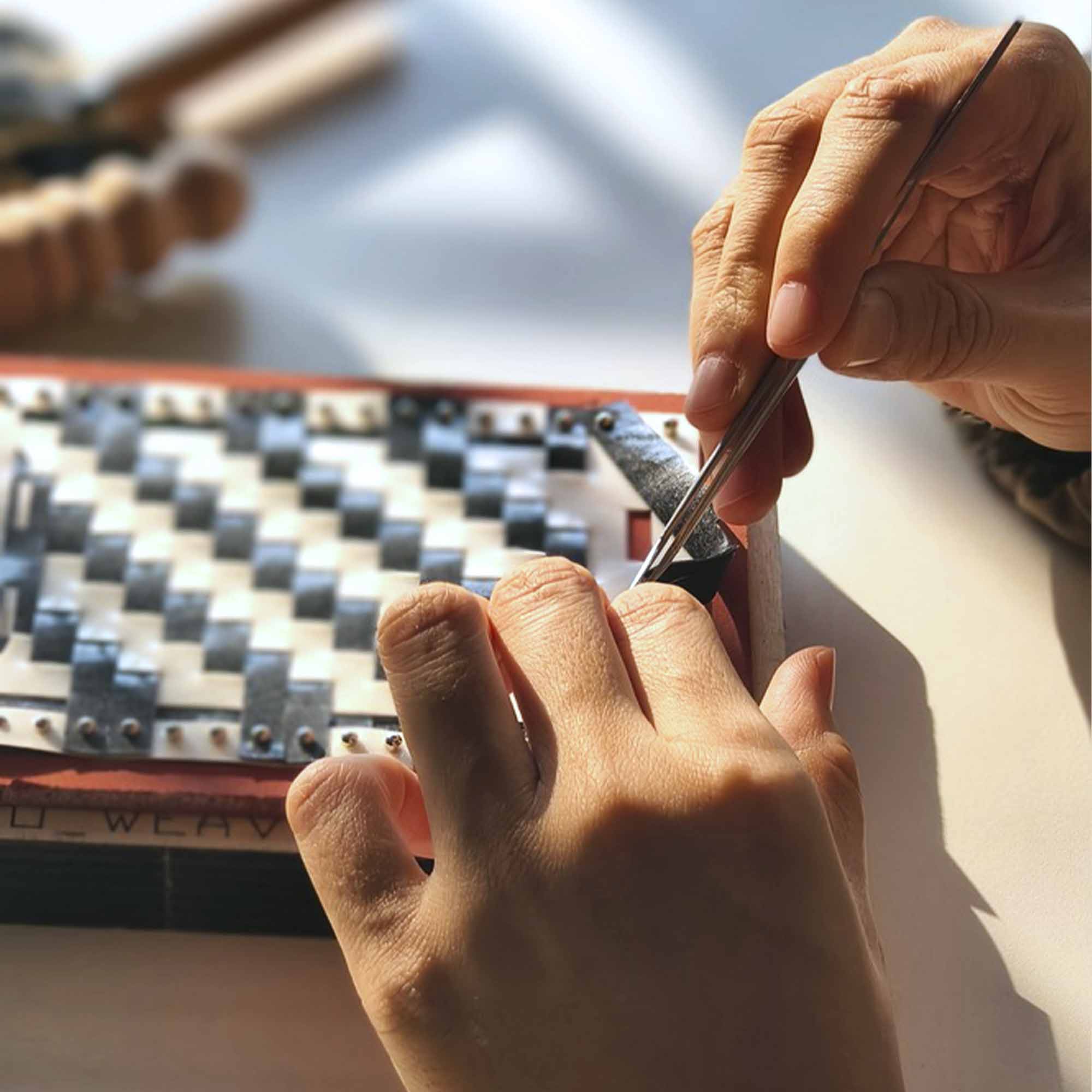 Close-up of hands working on a woven leather surface with tools 