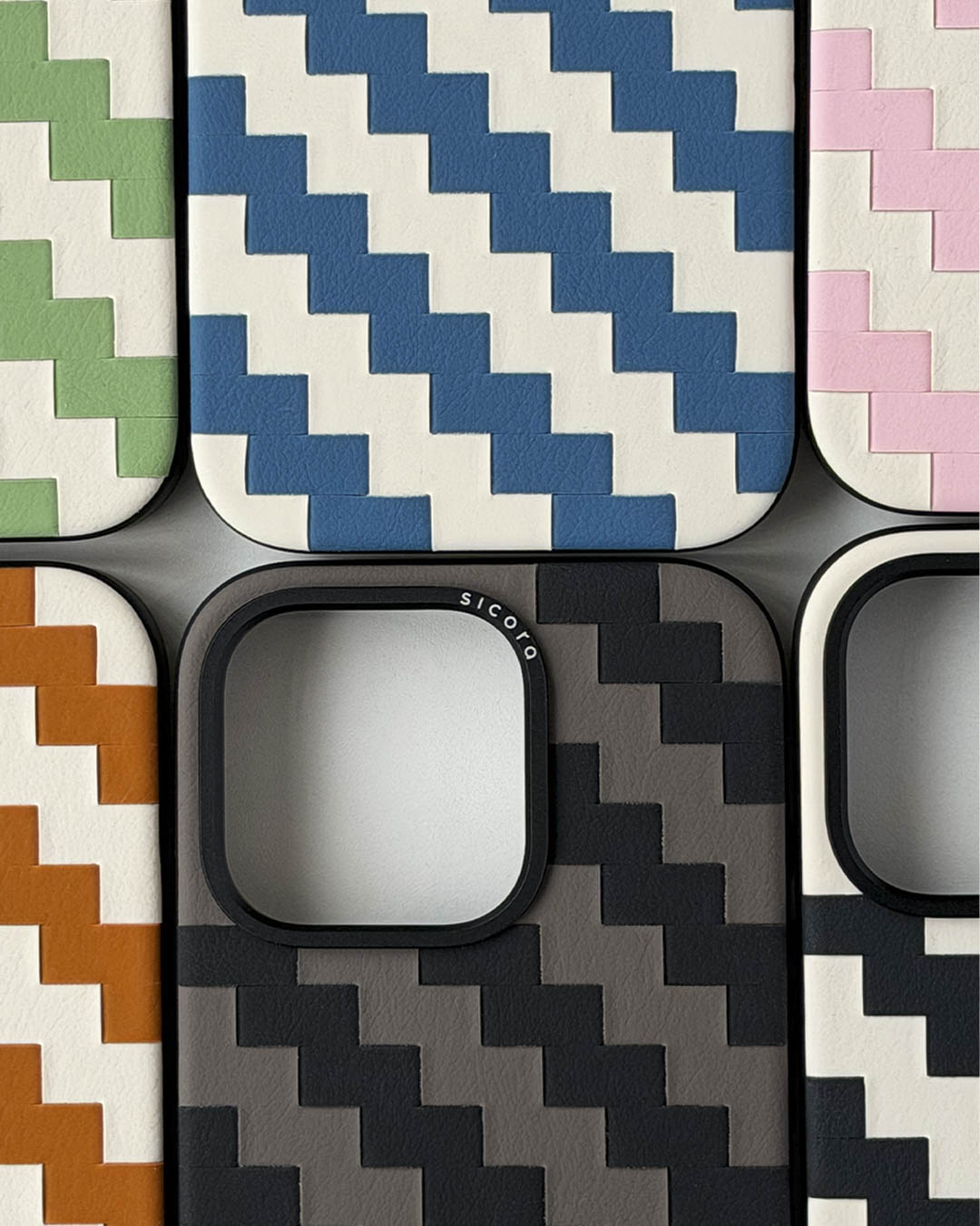 Collection of geometric patterned sicora phone cases .